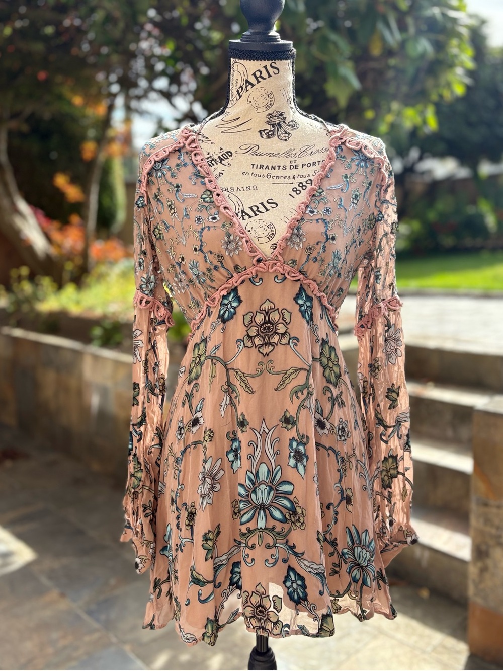 For Love And Lemons Saffron Floral Long Sleeve V-Neck Mini Dress